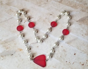 UU prayer beads, Unitarian Universalist prayer beads, stainless steel, white glass pearls, red cultured sea glass, recycled glass beads