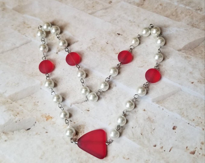 Featured listing image: UU prayer beads, Unitarian Universalist prayer beads, stainless steel, white glass pearls, red cultured sea glass, recycled glass beads