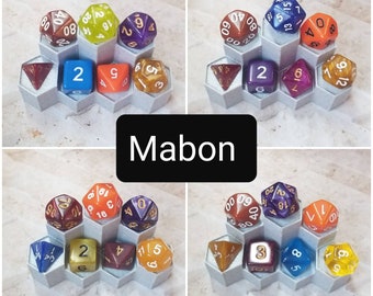 Mabon 16mm dnd dice sets, Mabon dice sets, Sabbat themed dnd dice, themed hand picked dnd dice, curated set, polyhedral dice, RPG dice