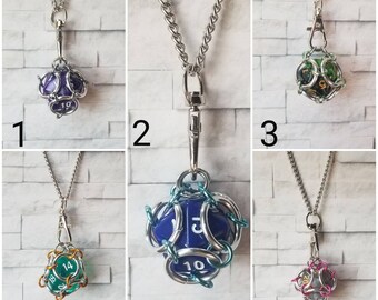 Captive dice jewelry, removable d20 necklace, dice jail necklace, dnd dice jewelry, chain maille cage, d20 pendant,