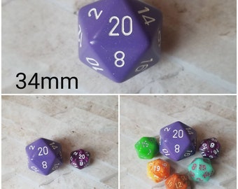 Purple and white 34mm Jumbo d20, dnd dice, oversized d20, jumbo sized d20, dnd d20, dnd dice, ttrpg dice, 34mm jumbo dnd d20