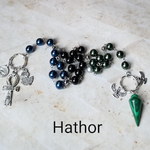 Hathor prayer beads, Goddess prayer beads, hand-wired, beautiful beads, silver-toned charms, Egyptian, Coptic, Goddess, pagan