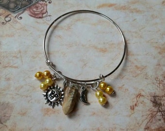 Lammas bangle, expandable bangle, Lammas jewelry, matches prayer beads, Lughnasadh bracelet, Picture Jasper, yellow pearls, sun and moon