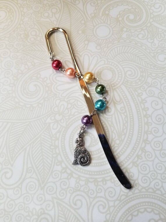 Rainbow bookmark, LGBT pride bookmark, awareness bookmark, rainbow glass pearls, silver cat charm, Shepherd's hook, rainbow glass pearls
