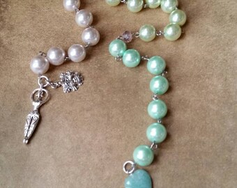 Ostara prayer beads, pagan prayer beads, witches prayer beads, stainless steel, glass pearls, Green Aventurine heart, Goddess, Green Man