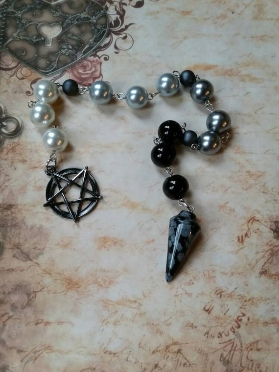 Samhain prayer beads, pagan prayer beads, witches prayer beads, stainless steel, moon phase prayer beads, glass pearls, Snowflake Obsidian