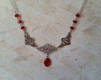 Pagan circlet, pagan necklace, pagan jewelry, headpiece or necklace, ritual headpiece, stainless steel, red Czech glass, keyhole connectors