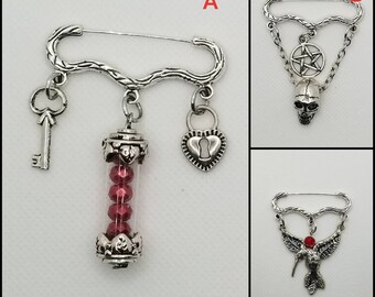 Goth brooch pin, Pagan jewelry, three charm pin, Spooky jewelry, Goddess pin, skull pin, cosplay jewelry, Goth jewelry, Valentine's day gift