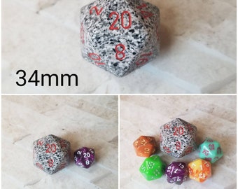 Granite 34mm Jumbo d20, white and gray speckled with red numbers, giant dnd dice, 34mm d20 dice, huge dnd dice,  huge d20, RPG dice, big d20