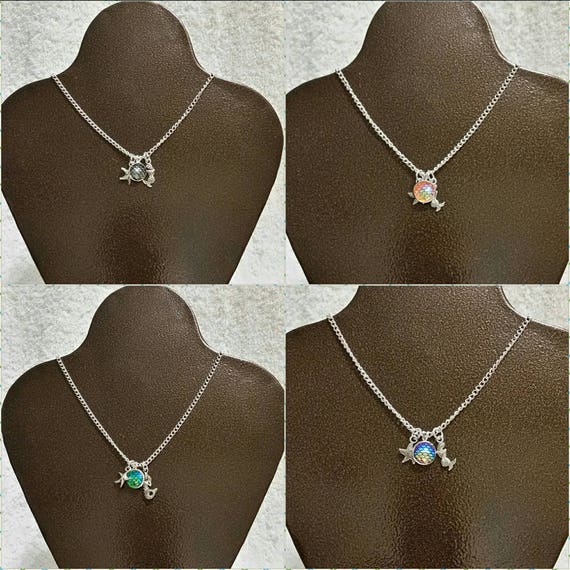 Mermaid necklace, beach necklace, silver-toned necklace, mermaid scale, textured, iridescent, cabochon, mermaid charm, starfish charm, beach