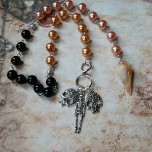 Samhain prayer beads, pagan prayer beads, Samhain witches prayer beads, stainless steel, glass pearls, Crazy Lace  pendulum,  spooky charms