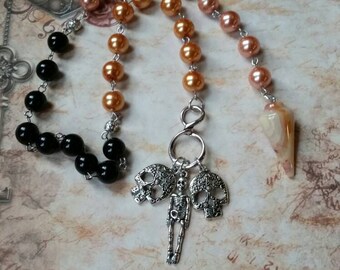 Samhain prayer beads, pagan prayer beads, Samhain witches prayer beads, stainless steel, glass pearls, Crazy Lace  pendulum,  spooky charms