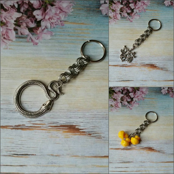 Chain maille keychains, Cimaruta keychain, key fob, Ducky keychain, key ring, snake keychain, silver-toned metal, stainless steel ring, cute
