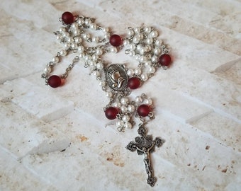 Catholic rosary, six decade rosary, stainless steel pins, white and red Brigittine rosary, Carmelite rosary, praying hands center,