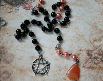 Samhain witches ladder, pagan prayer beads, Wiccan beads, witches ladder, gunmetal, orange and black, black pentagram, Carnelian drop