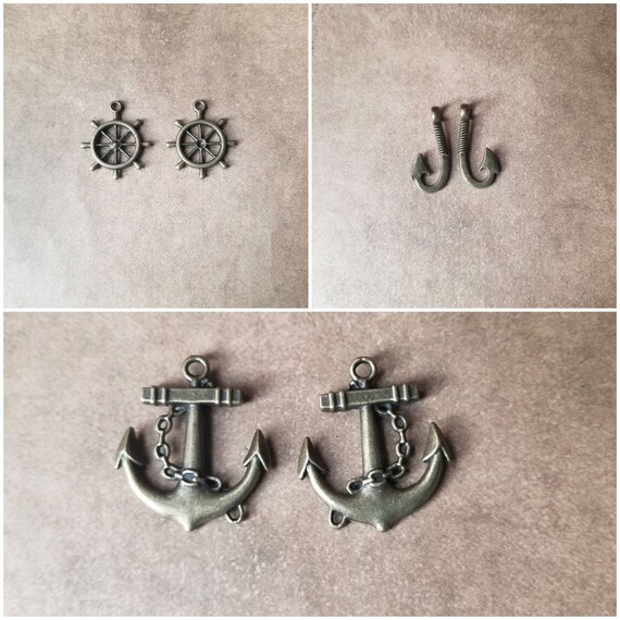 Destash charms, bronze charms, Nautical-themed, bronze toned metal charms, choice of three, fishhook charms, anchor charms, ships wheel