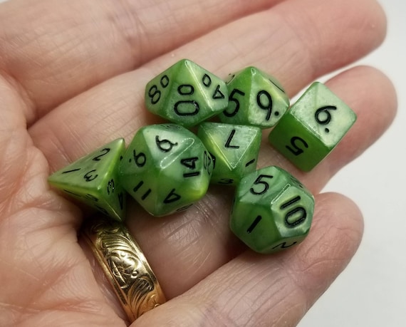Pearly green and black mini Dnd dice, mini polyhedral gaming dice, DnD dice set, RPG dice, D and D dice, set of 7 DnD dice, 10mm dice