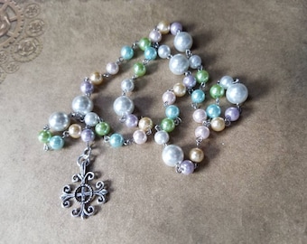Lutheran prayer beads, Lutheran rosary, stainless steel, hand-wired, glass pearl, Jerusalem cross, pastel colors, Spring colors