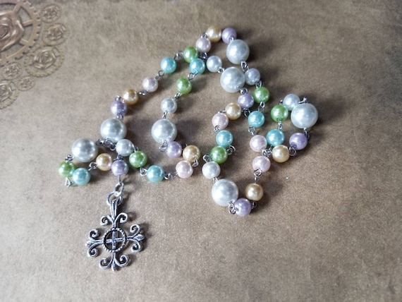 Easter Lutheran prayer beads, Lutheran rosary, stainless steel, hand-wired, glass pearl, Jerusalem cross, pastel colors, Spring colors