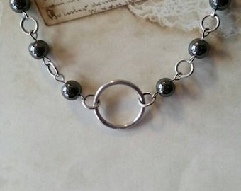 RESERVED for LINA O ring day collar, Hematite beads, discreet day collar, symbolic jewelry, BDSM collar, submissive collar,