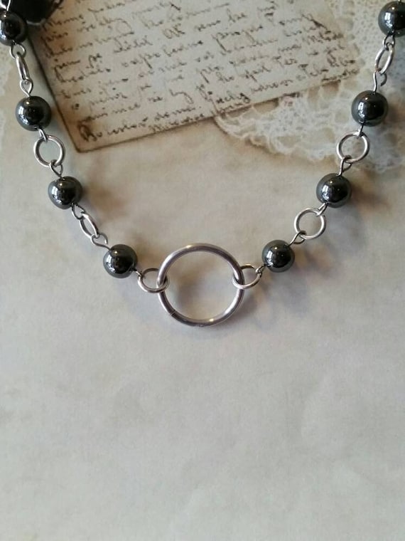 O ring day collar, Hematite beads, discreet day collar, symbolic jewelry, BDSM collar, submissive collar, silver o ring, O ring necklace