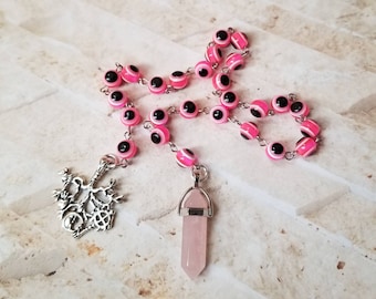 Cimaruta pendulum, Italian witches amulet, Streagheria amulet, folk magick amulet, pink Evil Eye beads, Pink Quartz gemstone point,