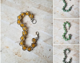 Captive bead bracelet, captured pearl jewelry, chain maille bracelet, captive pearl bracelet, caged bead bracelet, aluminum jump rings
