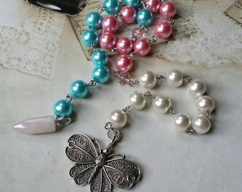 Summer prayer beads, Cotton Candy colors, pagan prayer beads, stainless steel, Rose Quartz pendulum, butterfly charm, glass pearls, ooak