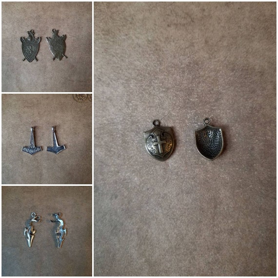 Destash charms, silver or bronze metal, weapon charms, shield charms, dagger charms, Thor's hammer charms