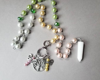 Imbolc prayer beads, pagan prayer beads, witches prayer beads, stainless steel, glass pearls, white Agate pendulum, handmade dragonflies