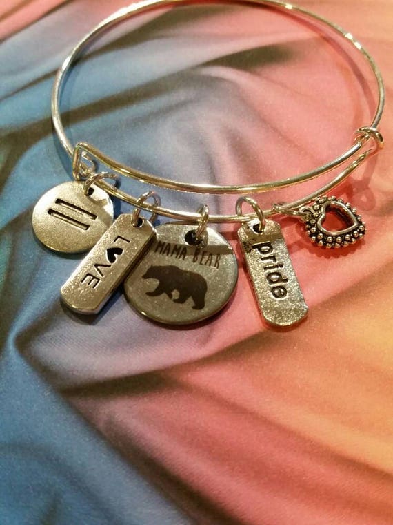 Mama Bear pride bracelet, LGBT pride bangle, expandable bangle, charm bangle, LGBT jewelry, LGBT pride jewelry, rainbow bangle, silver-toned