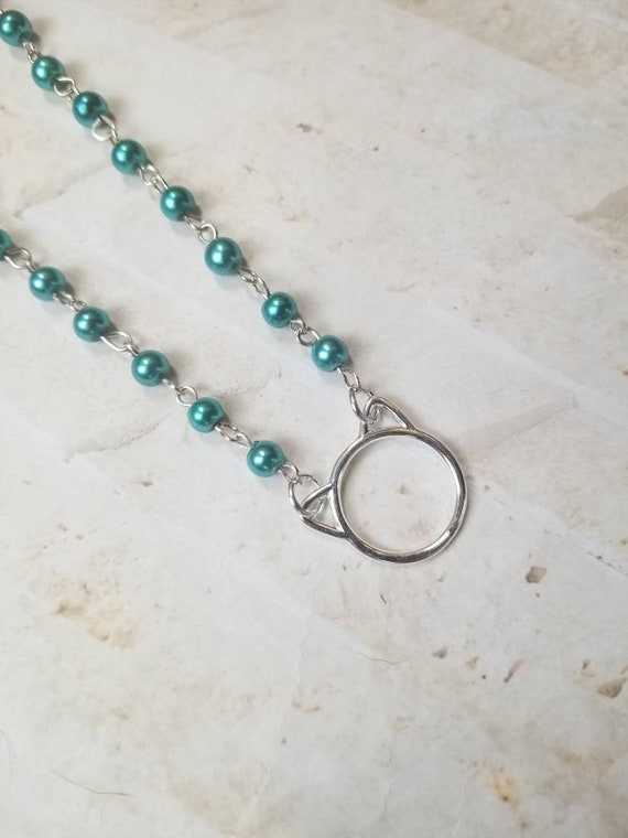 Kitten day collar, discreet day collar, teal glass pearls, BDSM collar, cat ear O ring necklace, cat O ring, kitten O ring collar