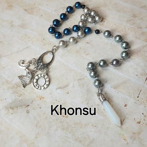 Khonsu  prayer beads, Egyptian God prayer beads, hand-wired, beautiful beads, silver-toned charms, Egyptian, Kemetic