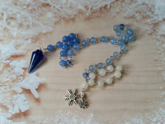 Pagan prayer beads, Winter prayer beads, stainless steel, Ice and snow prayer beads, Malay jade beads, blue pendulum, snowflake charms