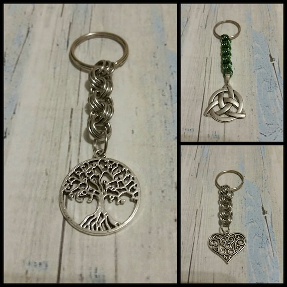 Keychain, silver toned metal keychains, sturdy, chain maille, silver-toned metal Triquetra, heart, or Tree of life charms