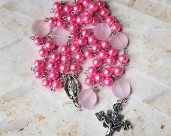 Catholic rosary, five decade rosary, stainless steel, pink glass pearls, pink sea glass, recycled glass beads, Mary center, budded crucifix