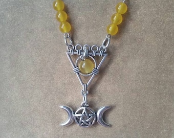 Pagan circlet, pagan necklace, pagan jewelry, wear as headpiece or necklace, ritual headpiece, Jade beads, triple Goddess charm, stainless