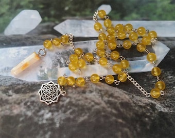 Witches ladder, pagan prayer beads, Wiccan beads, stainless steel, butterscotch Malay Jade, crazy lace agate pendulum, flower of life charm