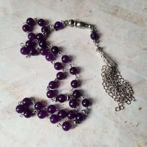Islamic prayer beads, Amethyst Tesbih, Tasbih, Misbaha, stainless, handmade tassel, Turkish prayer beads, gemstone Chotki, OOAK, hand wired