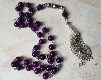 Islamic prayer beads, Amethyst Tesbih, Tasbih, Misbaha, stainless, handmade tassel, Turkish prayer beads, gemstone Chotki, OOAK, hand wired