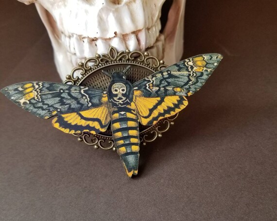 Deaths Head moth brooch, Death's head moth pin, bronze accents, wood lasercut moth, Hawk moth, Death head moth jewelry, unique brooch