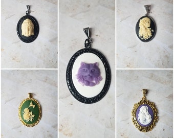 Cameo pendant, cameo necklace, cat cameo pendant, Buddha cameo pendant, sugar skull cameo pendant, Madonna and child cameo, Hummingbird