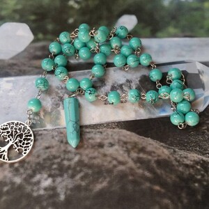 Witches ladder, pagan prayer beads, Wiccan beads, stainless steel, turquoise glass beads, gemstone pendulum point, tree of life charm, Wicca