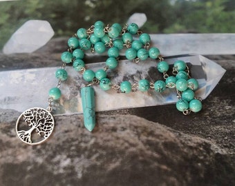 Witches ladder, pagan prayer beads, Wiccan beads, stainless steel, turquoise glass beads, gemstone pendulum point, tree of life charm, Wicca