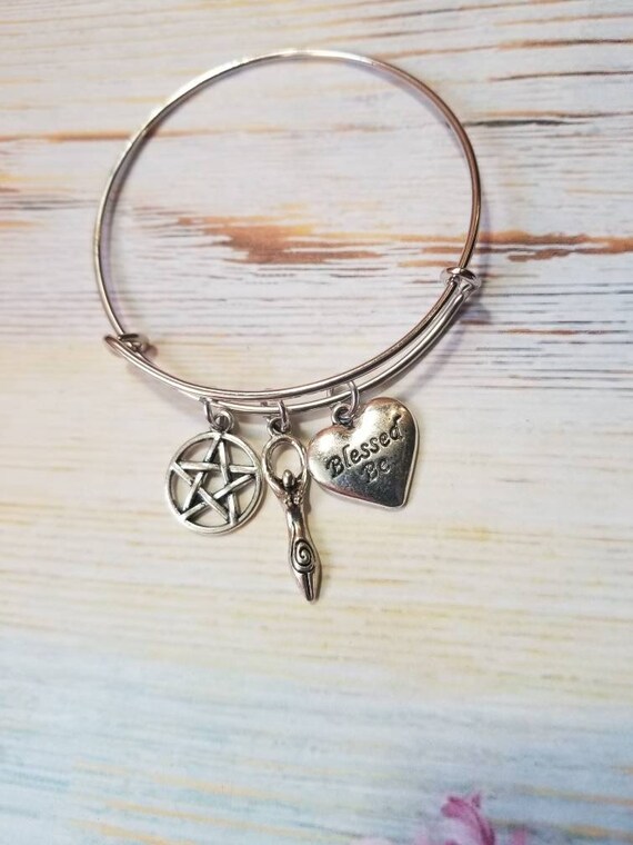 Goddess bangle, Wiccan bracelet, Blessed Be bangle, silver metal bangle, expandable bangle, charm bracelet, Pagan jewelry, Wiccan bangle
