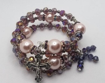 Five decade rosary bracelet, memory wire bracelet, wrap bracelet, purple Czech glass beads, religious bracelet, rose glass pearls, silver