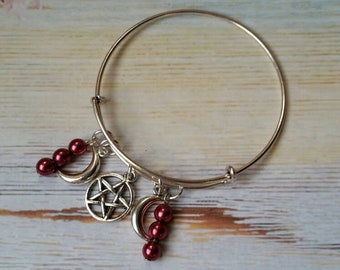 Beltane bangle, expandable bangle, Beltane jewelry, matches prayer beads, Beltane bracelet, May Day prayer beads, pentagram, crescent moons
