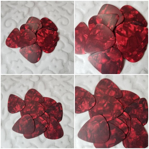 Destash guitar picks, guitar plectrums, pearl guitar picks, bright red, glossy or matte, destash guitar plectrums, generic, 20 or 50 or 100