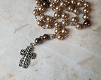 Anglican prayer beads, Methodist, Episcopal, Protestant, light and dark brown glass pearls, pretty silver-toned filigree cross
