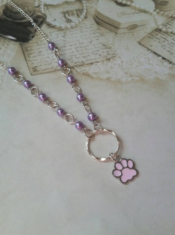 Kitten day collar, discreet day collar, purple glass beads, BDSM collar, O ring necklace, silver day collar, princess collar, pink paw charm
